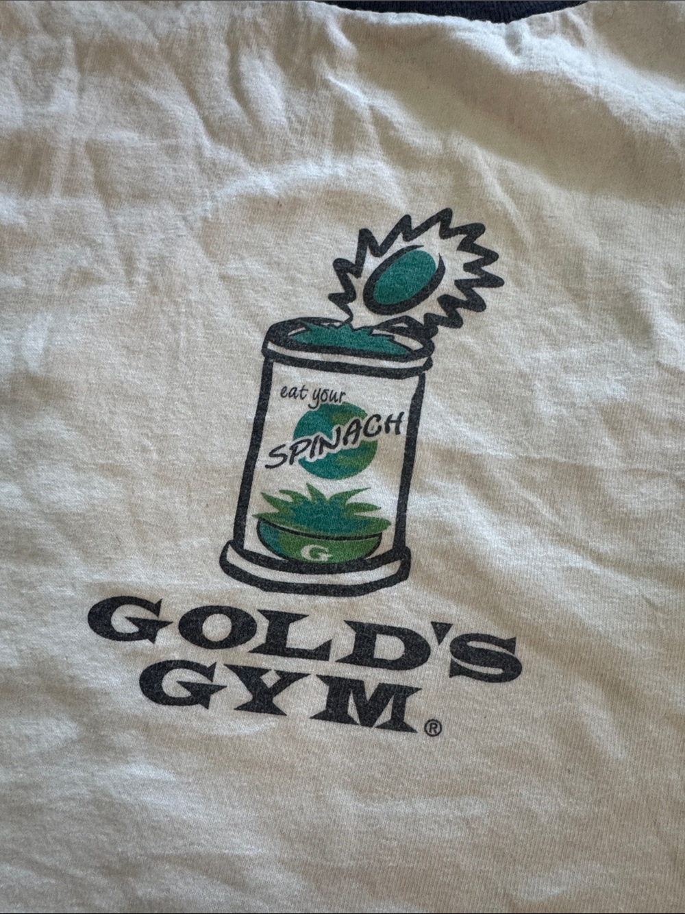 Vintage 90s Gold's Gym Spinach Can White Ringer Tee Gagwear Tag - XL - Picture 2 of 6